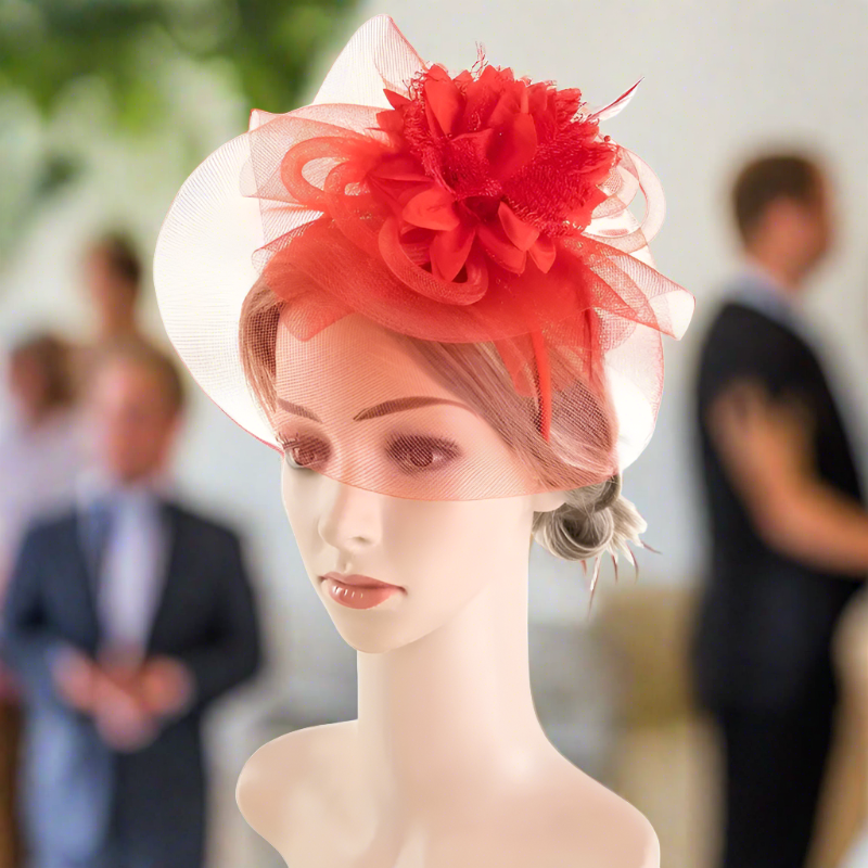 Red Mesh Flower Faux Feather Headband Fascinator With Clip | Merthyr Tydfil | Why Not Shop Online