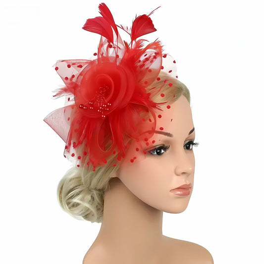 Red Fascinator With Red Feathers And Mesh Net Veil On A Headband And Hair Clip | Why Not Shop
