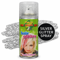 A can of Party Success Silver Glitter Spray centered on a white background, with silver glitter scattered behind it and a black circular badge reading 'SILVER GLITTER SPRAY'. The can has a green label with 'hair glitter' and a blonde model photo.