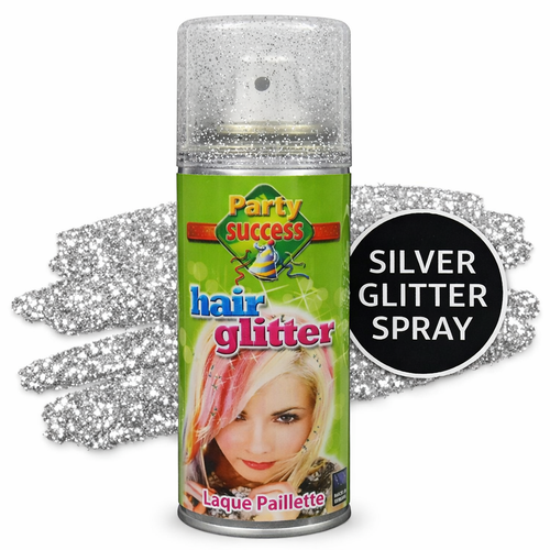 A can of Party Success Silver Glitter Spray centered on a white background, with silver glitter scattered behind it and a black circular badge reading 'SILVER GLITTER SPRAY'. The can has a green label with 'hair glitter' and a blonde model photo.