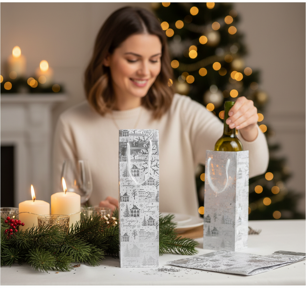 Silver Houses Christmas Bottle Gift Bags Pack Of 3 | Merthyr Tydfil | Why Not Shop Online