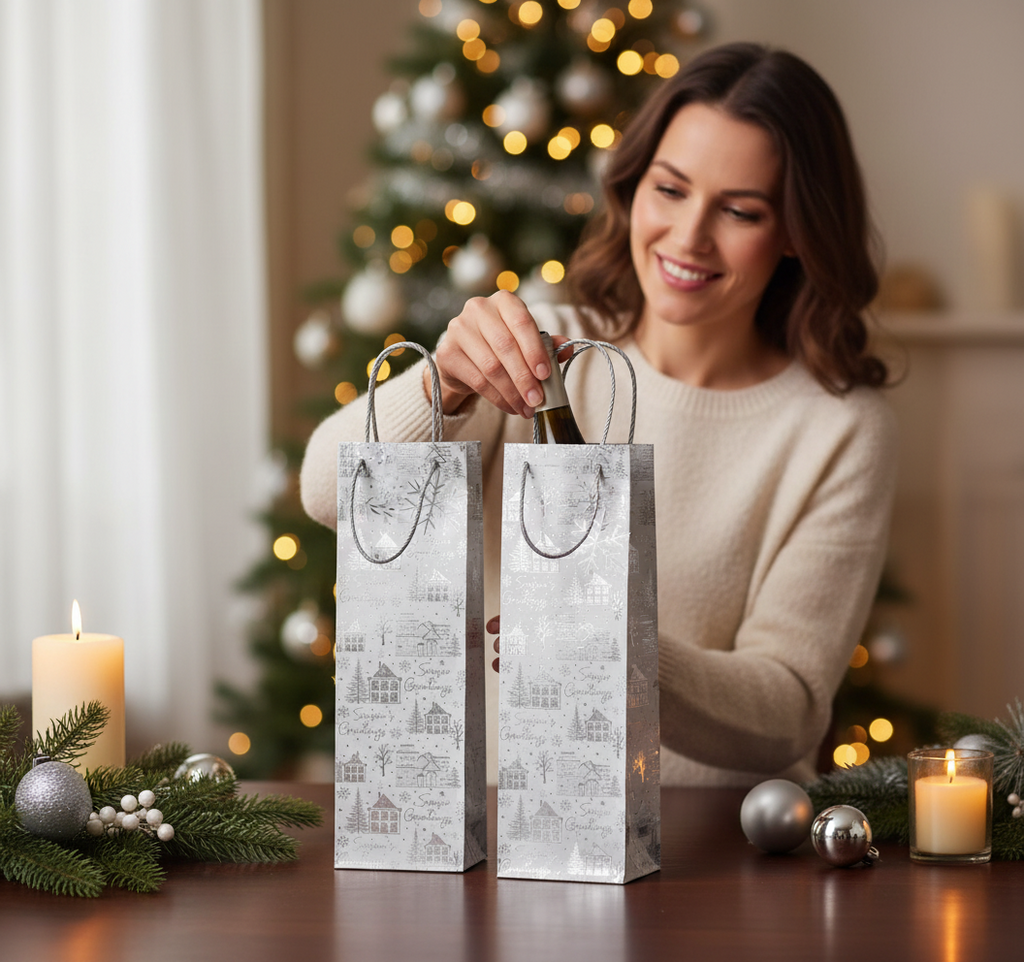 Silver Houses Christmas Bottle Gift Bags Pack Of 3 | Merthyr Tydfil | Why Not Shop Online