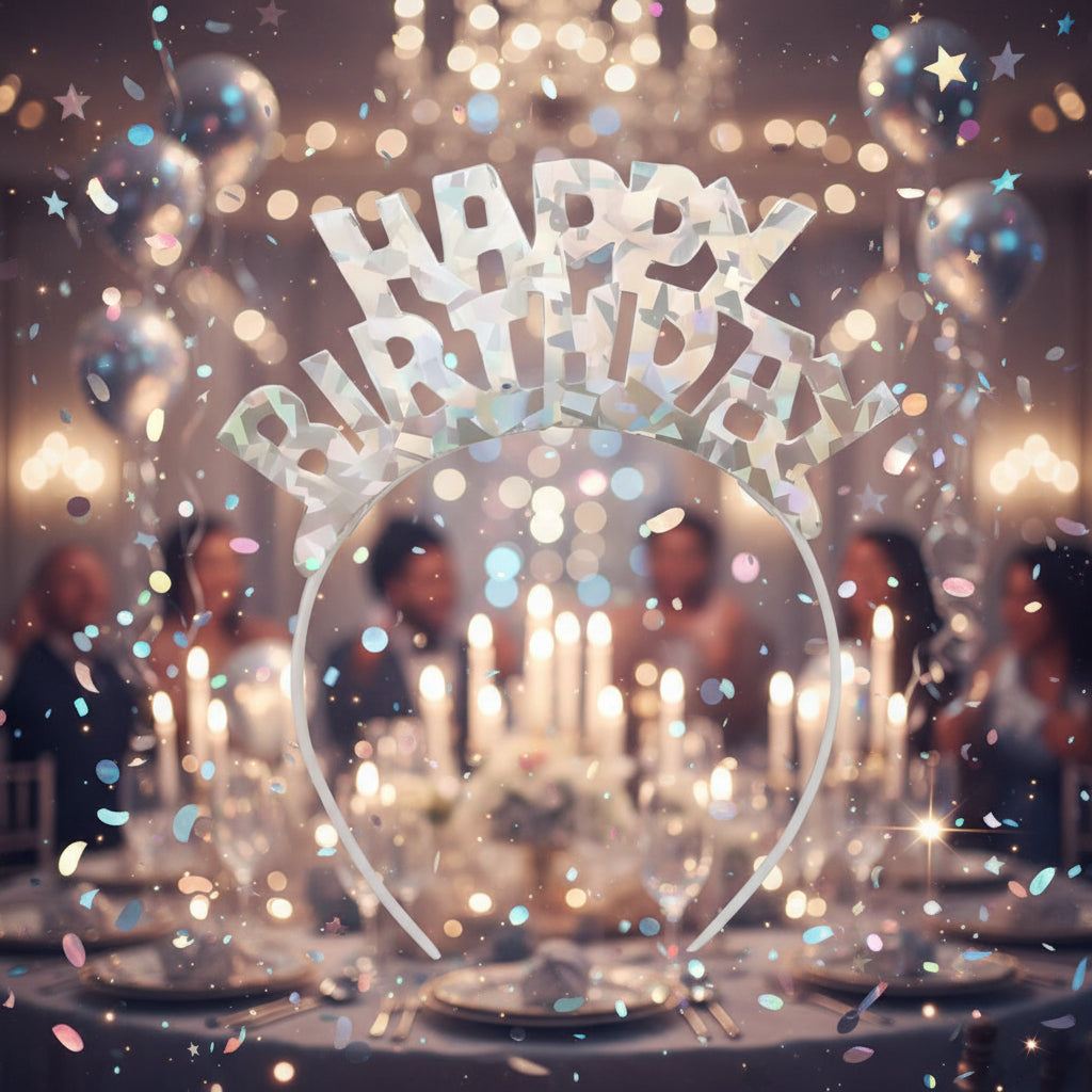 Iridescent 'Happy Birthday' headband on a white background