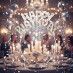 Iridescent 'Happy Birthday' headband on a white background
