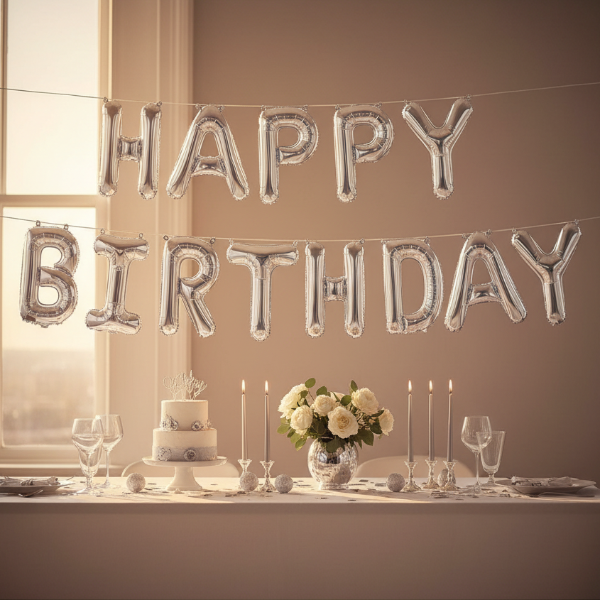 Silver foil balloon letters spelling 'HAPPY BIRTHDAY' hanging above a decorated table with a cake, flowers, candles, and wine glasses in a warmly lit room.