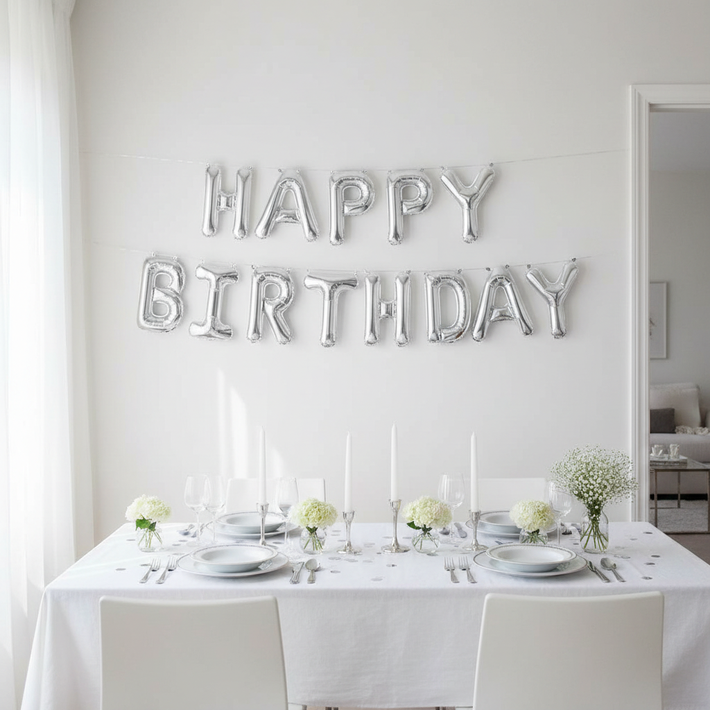 Silver foil balloon letters spelling 'HAPPY BIRTHDAY' hung on a white wall above a decorated birthday table with white plates, candles, and small floral arrangements.