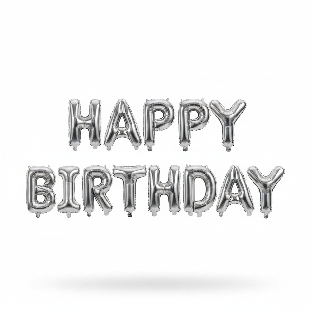 Silver foil balloon letters spelling out 'HAPPY BIRTHDAY' on a clean white background with a soft shadow underneath.