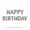 Silver foil balloon letters spelling out 'HAPPY BIRTHDAY' on a clean white background with a soft shadow underneath.