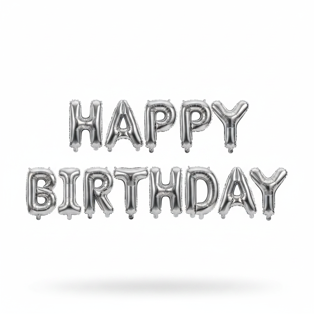 Silver foil balloon letters spelling out 'HAPPY BIRTHDAY' on a clean white background with a soft shadow underneath.