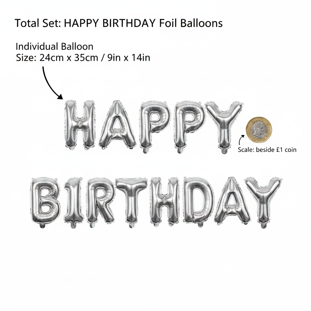 Silver foil balloon letters spelling out 'HAPPY BIRTHDAY' on a white background, with text showing the total set, individual balloon size, and a coin-scale reference.