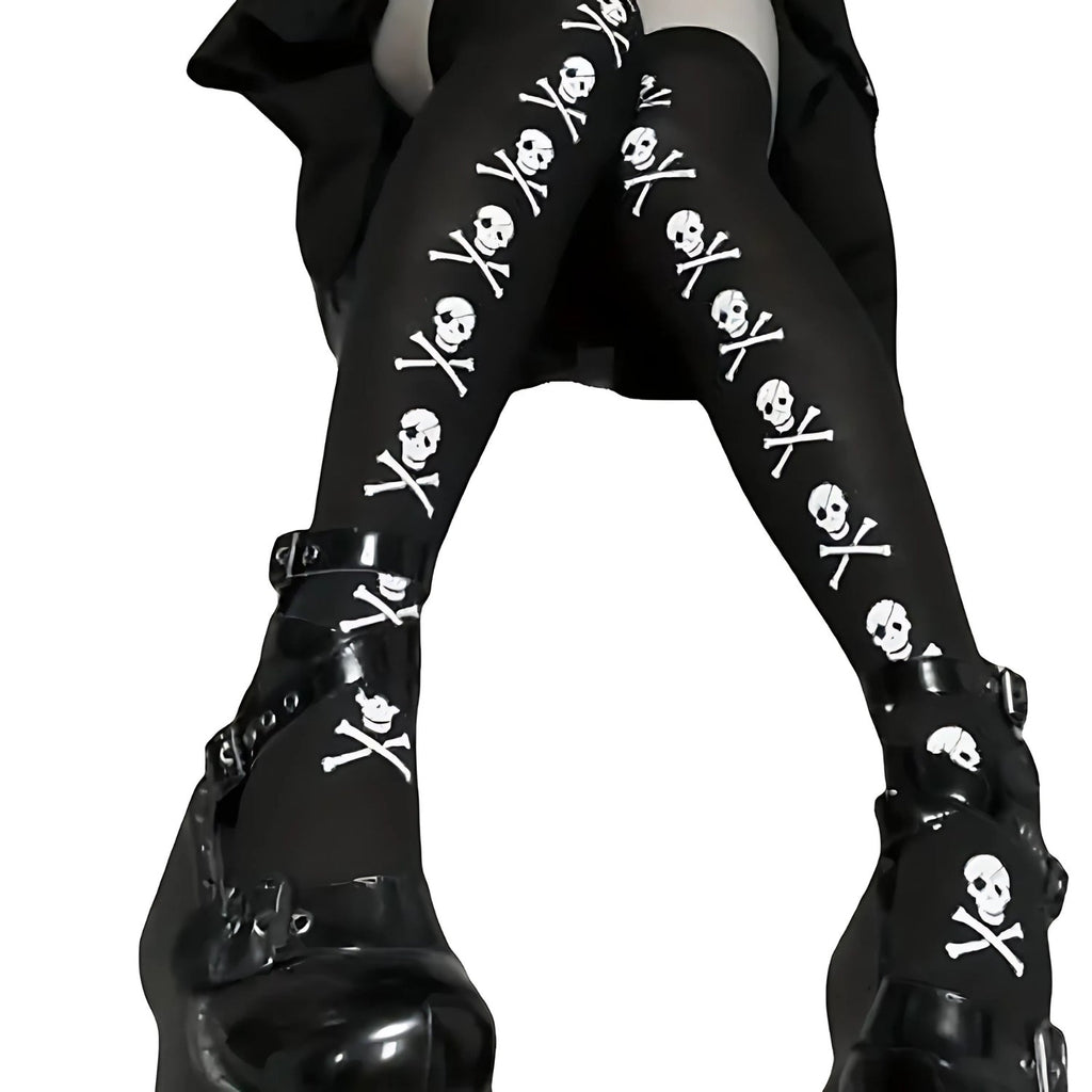 Skull Print Thigh High Socks Halloween Over The Knee Socks | Why Not Shop