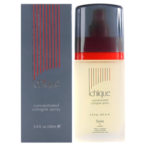 chique concentrated cologne spray bottle and packaging on a white background