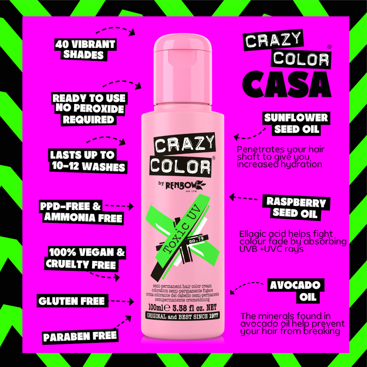 Crazy Color Toxic UV Green Semi-Permanent Hair Dye 100ml
