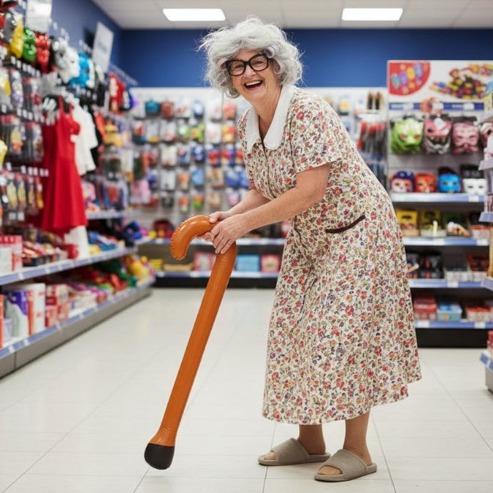 Person in a floral dress and glasses holding a walking stick in a store aisle.