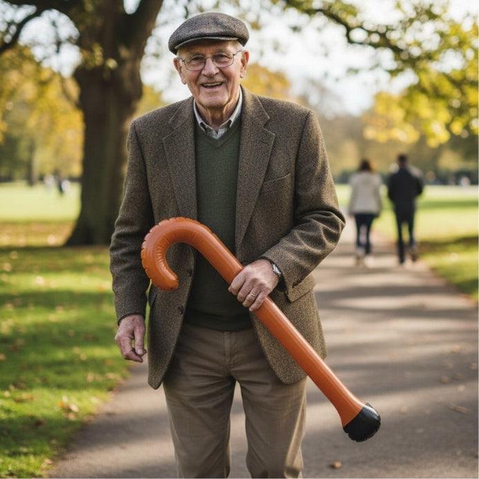 Man in a park holding an orange walking stick, with trees and people in the background.