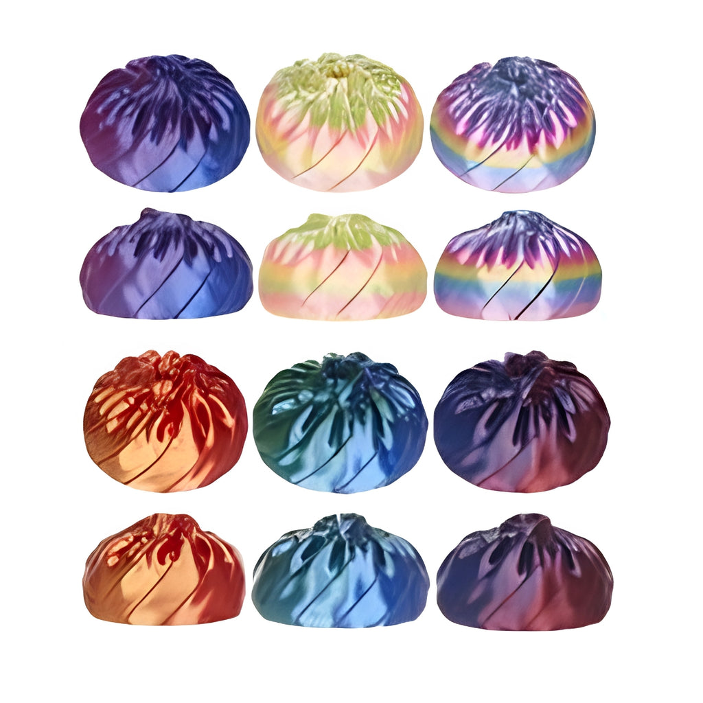 Twelve shiny, metallic steamed buns arranged in a 4x3 grid on a plain white background. Each bun has a different iridescent color treatment, including shades of purple, blue, green, pink, orange, and gold.