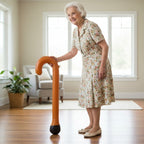 Woman standing in a room with a walking cane