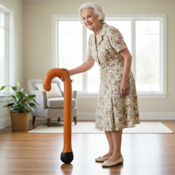 Woman standing in a room with a walking cane