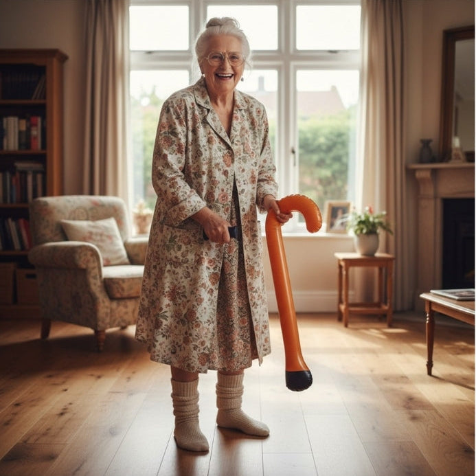 Woman standing in a room holding a walking stick, wearing a patterned dress.