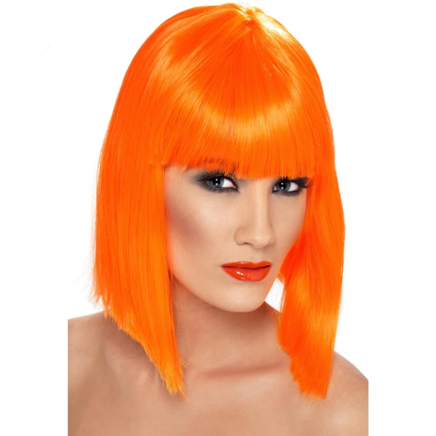 Womens Glam Fancy Dress Wig, Neon Orange Short, Blunt Style With Fringe | Merthyr Tydfil | Why Not Shop Online