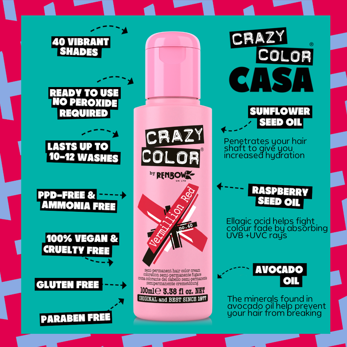 Crazy Color Vermillion Red Semi-Permanent Hair Dye 100ml