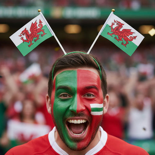Man with Welsh flag face paint and flags on headband in stadium setting