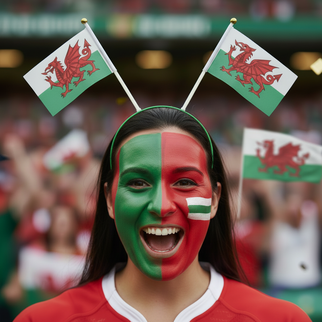 Person with Welsh flag face paint and flags on headband in stadium setting