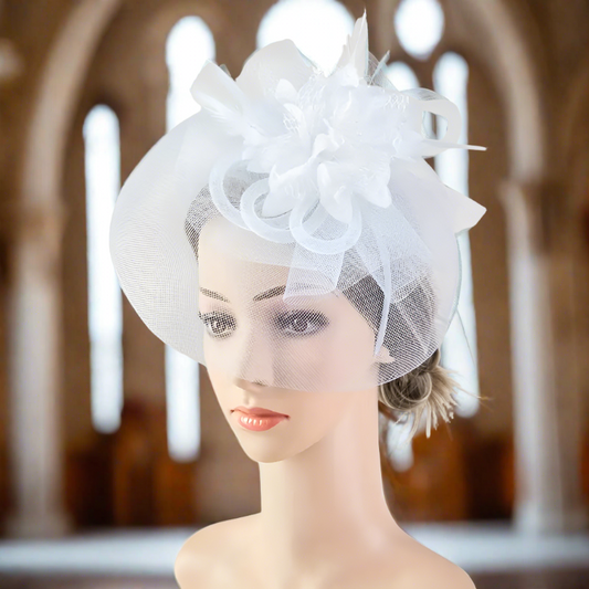 White Mesh Flower Faux Feather Headband Fascinator With Clip | Why Not Shop