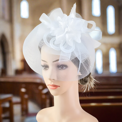 White Mesh Flower Faux Feather Headband Fascinator With Clip | Merthyr Tydfil | Why Not Shop Online