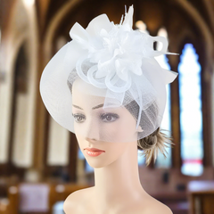 White Mesh Flower Faux Feather Headband Fascinator With Clip | Why Not Shop