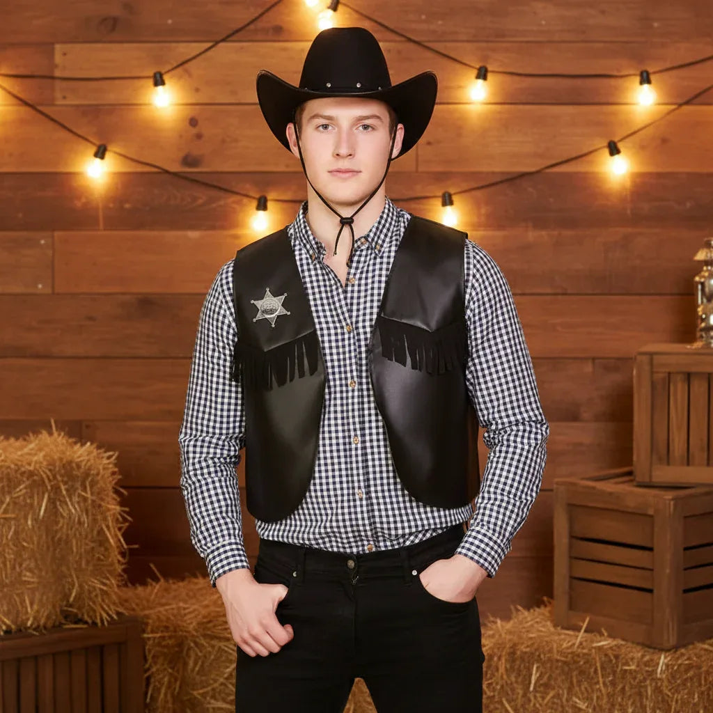 Wicked Costumes Black Cowboy Sheriff Waistcoat - Adult Wild West Costume Vest - Why Not Shop