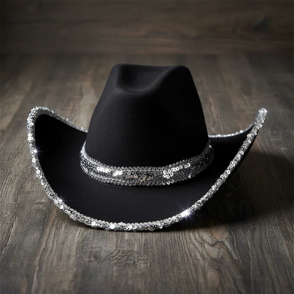 Wicked Costumes Black Texan Cowgirl Hat with Silver Sequins - Why Not Shop