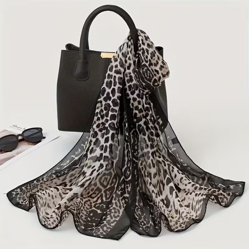 Womens Long Chiffon Animal Print Scarf Black And Beige