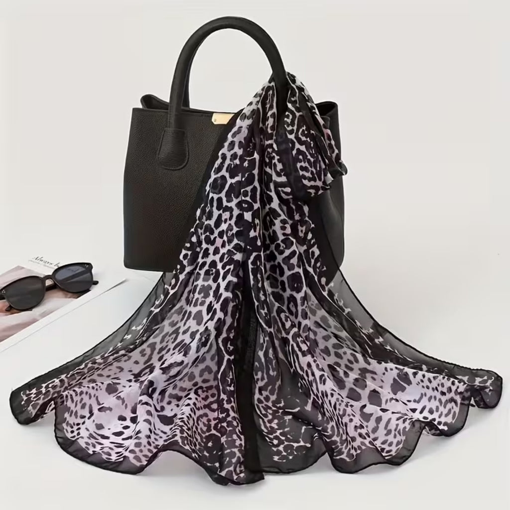 Womens Long Chiffon Animal Print Scarf Black And Pink