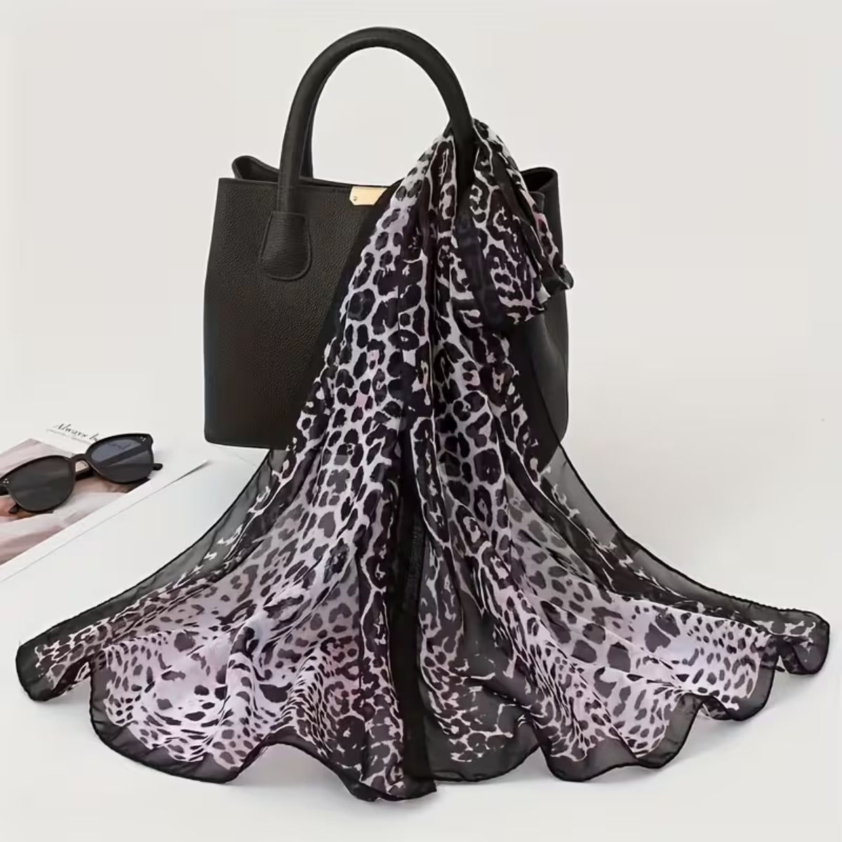 Womens Long Chiffon Animal Print Scarf Black And Pink