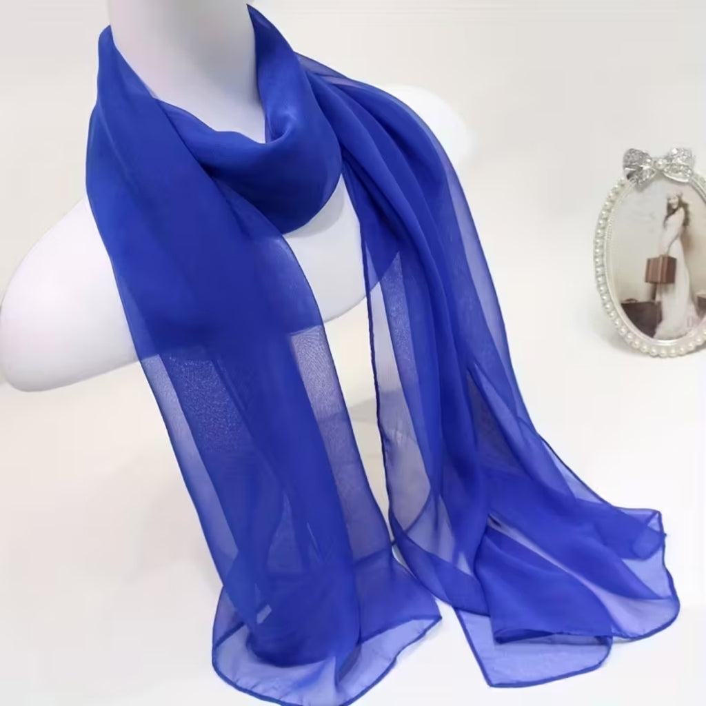 Womens Long Lightweight Solid Color Thin Chiffon Scarf Blue
