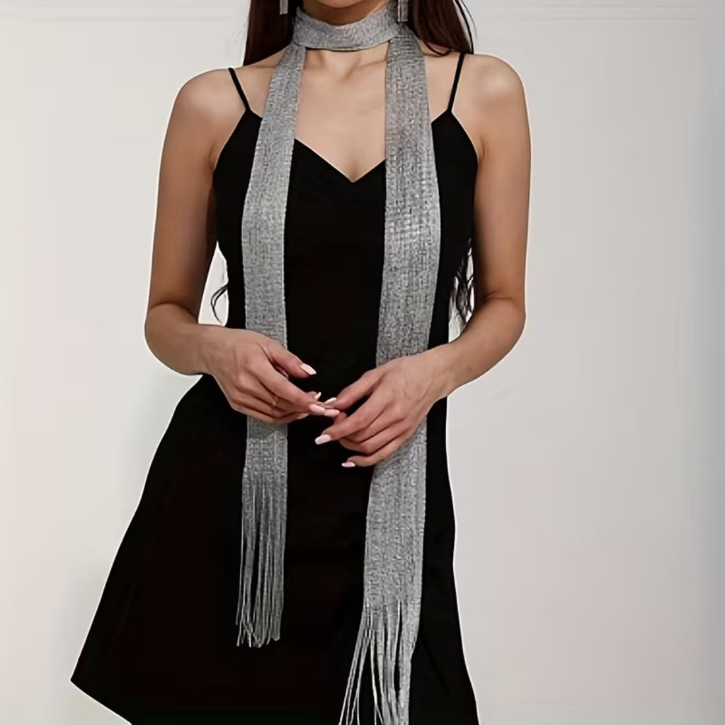 Womens Bohemian Metallic Long Scarf With Fringe Silver
