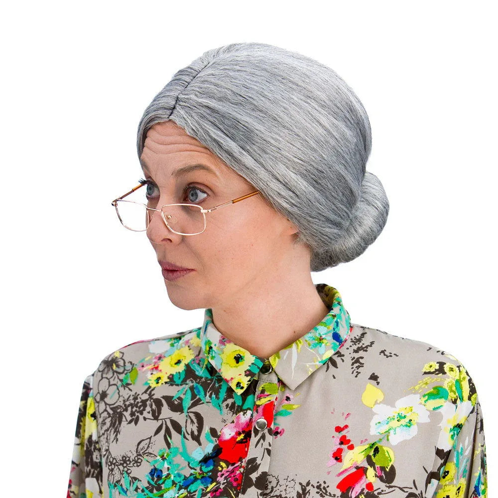 Womens Oap Granny Old Lady Grey Hair Bun Fancy Dress Wig - Why Not Shop