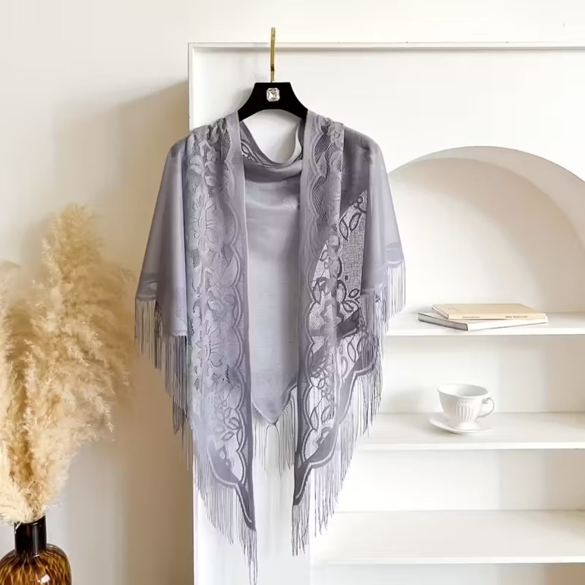 Womens Triangle Vintage Shawl Floral Cut-Out Pattern With Fringe Trim Grey