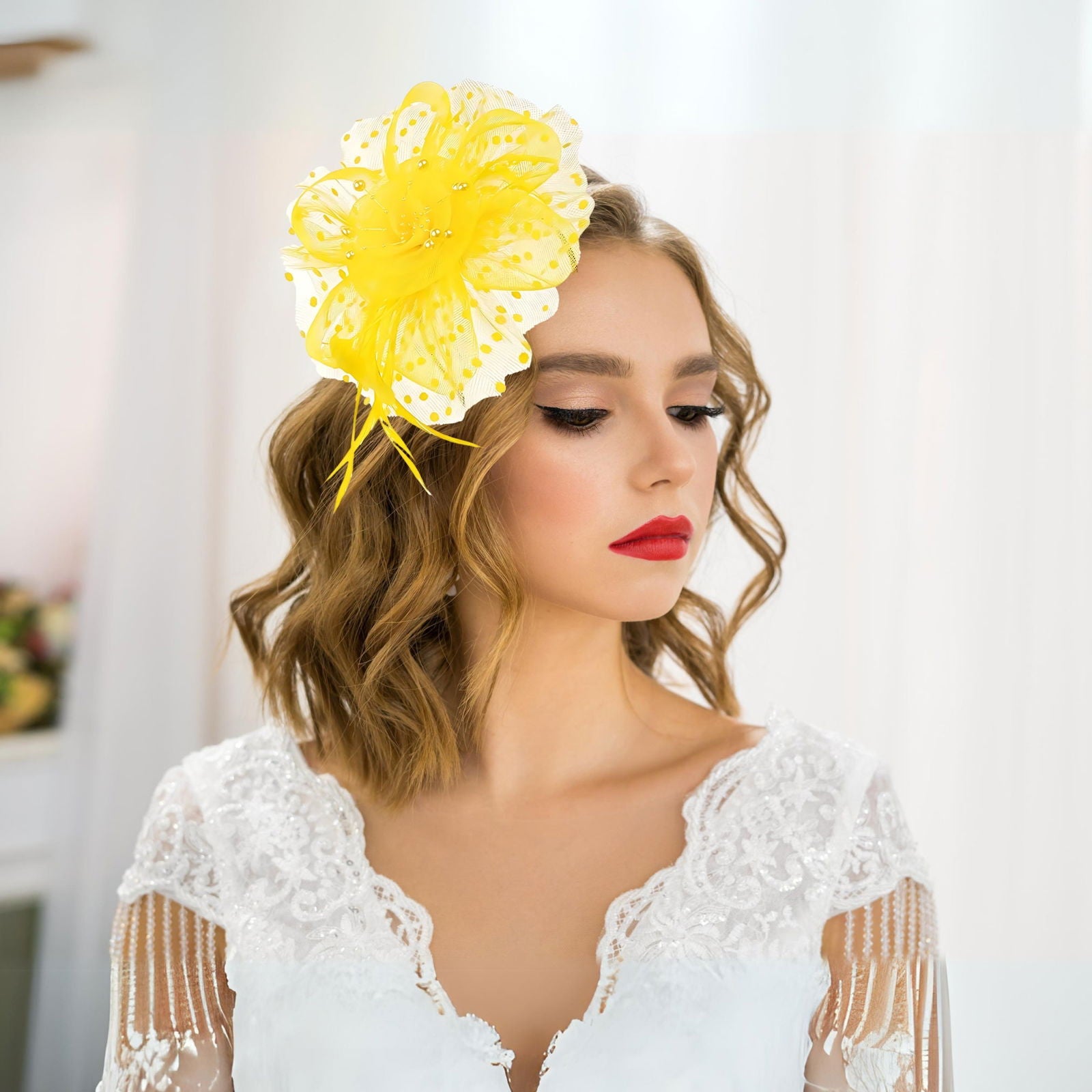 Yellow Vintage Mesh With Faux Feather Headband Fascinator With Clip | Why Not Shop