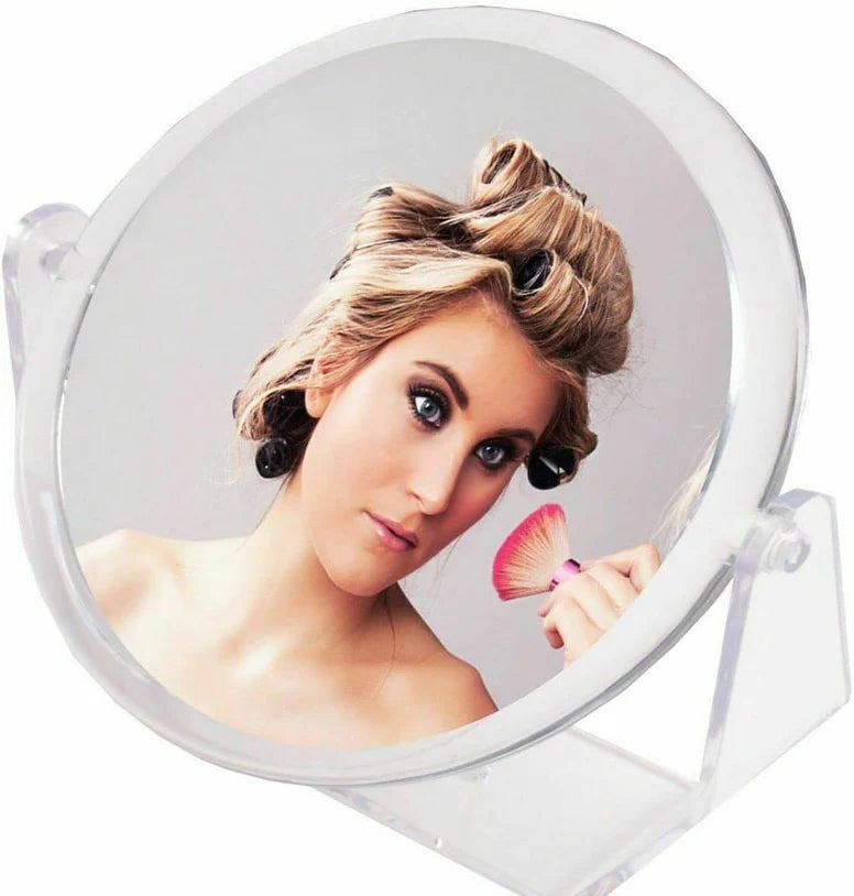 Double Sided Mirror With Stand - Clear Acrylic Frame with Woman Applying Makeup