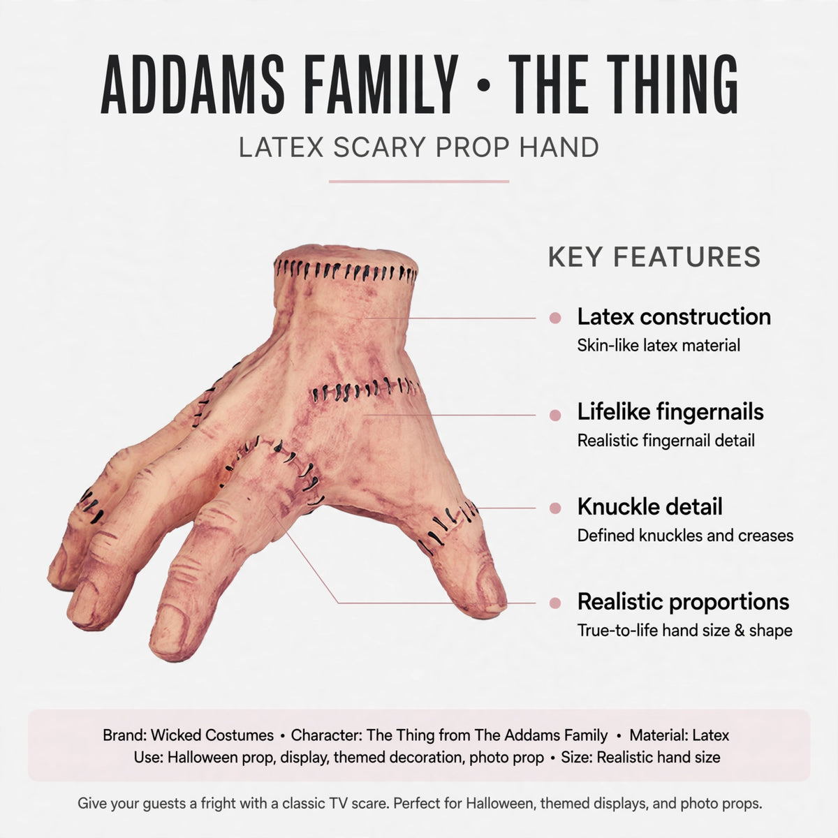 infographic showing latex construction, lifelike fingernails, knuckle detail, and realistic proportions