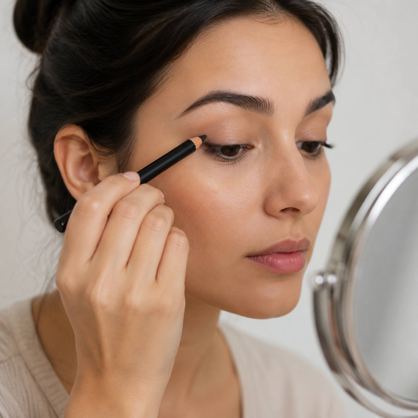 Adult applying Laval black Pearl Eye Shader pencil to upper eyelid