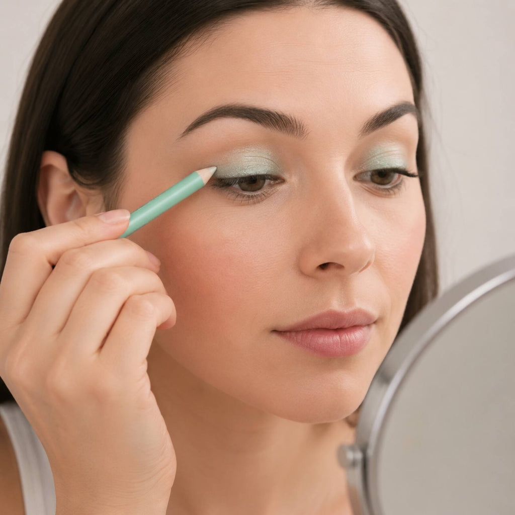 Adult applying Laval green Pearl Eye Shader pencil to upper eyelid