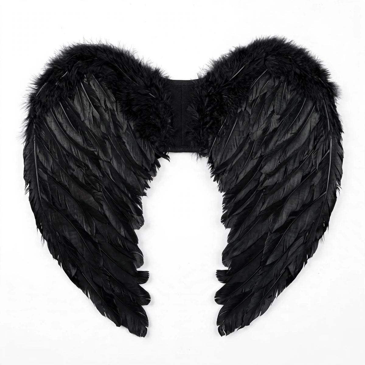 Close-up view of black feather angel wings with elastic straps