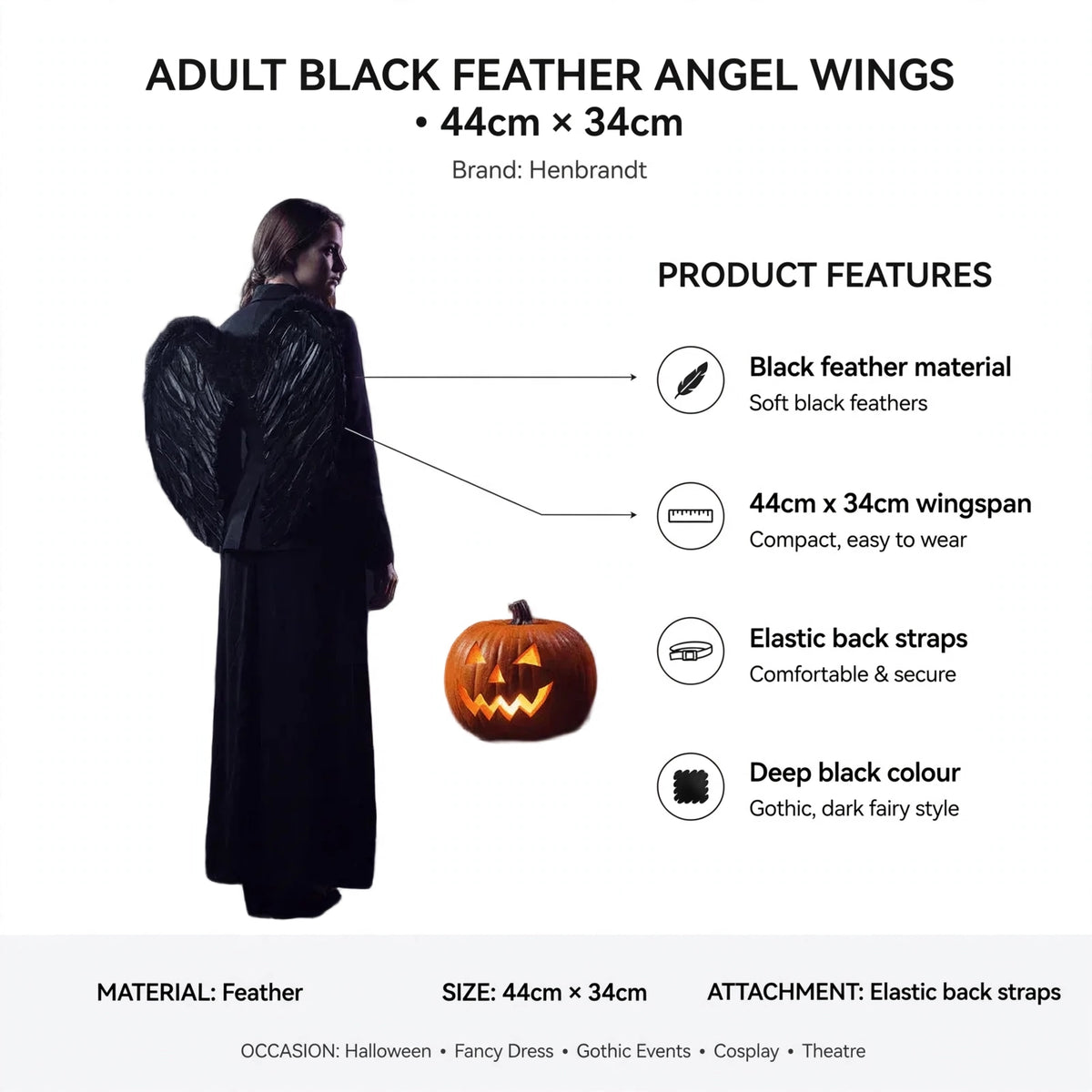 Infographic showing black feather material, 44cm x 34cm wingspan, elastic back straps, and deep black colour