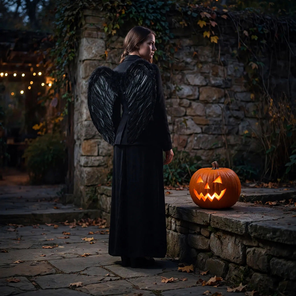 Adult wearing black feather angel wings suitable for gothic or dark fairy costume