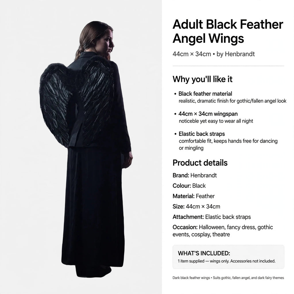 Adult black feather angel wings designed for Halloween, fancy dress, gothic events, cosplay, and theatre