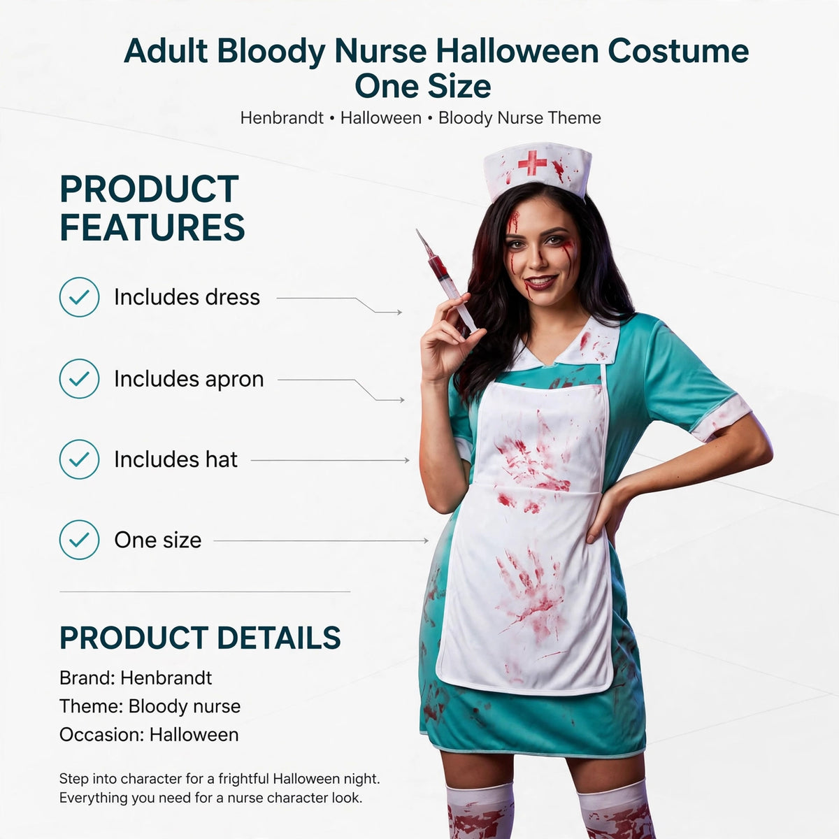 Costume features dress apron and hat for a bloody nurse look
