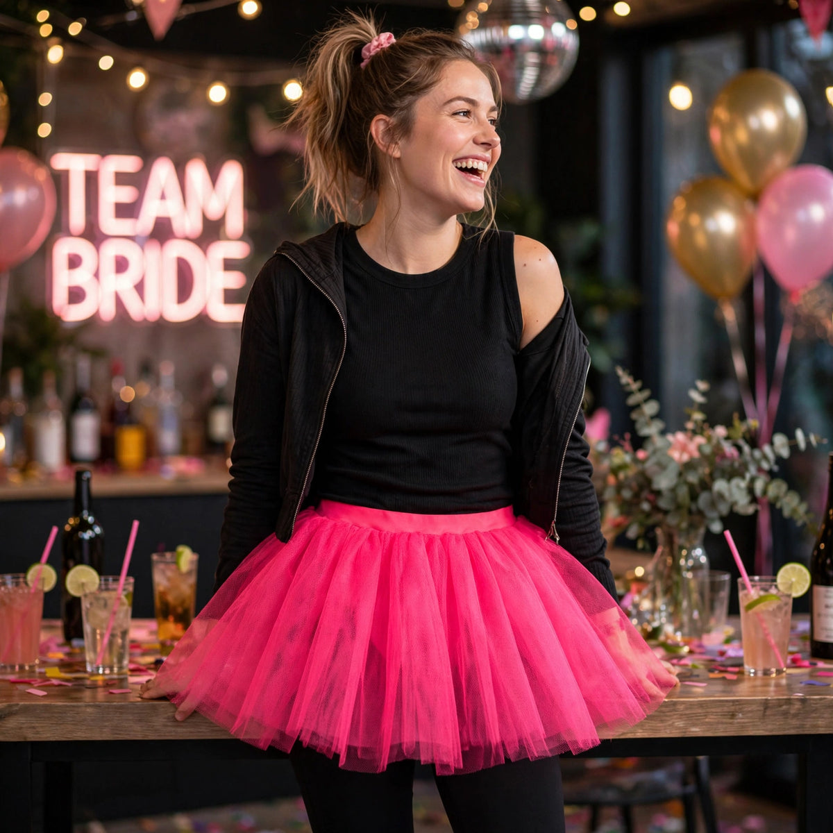 Neon pink tutu worn over tights or leggings at a party